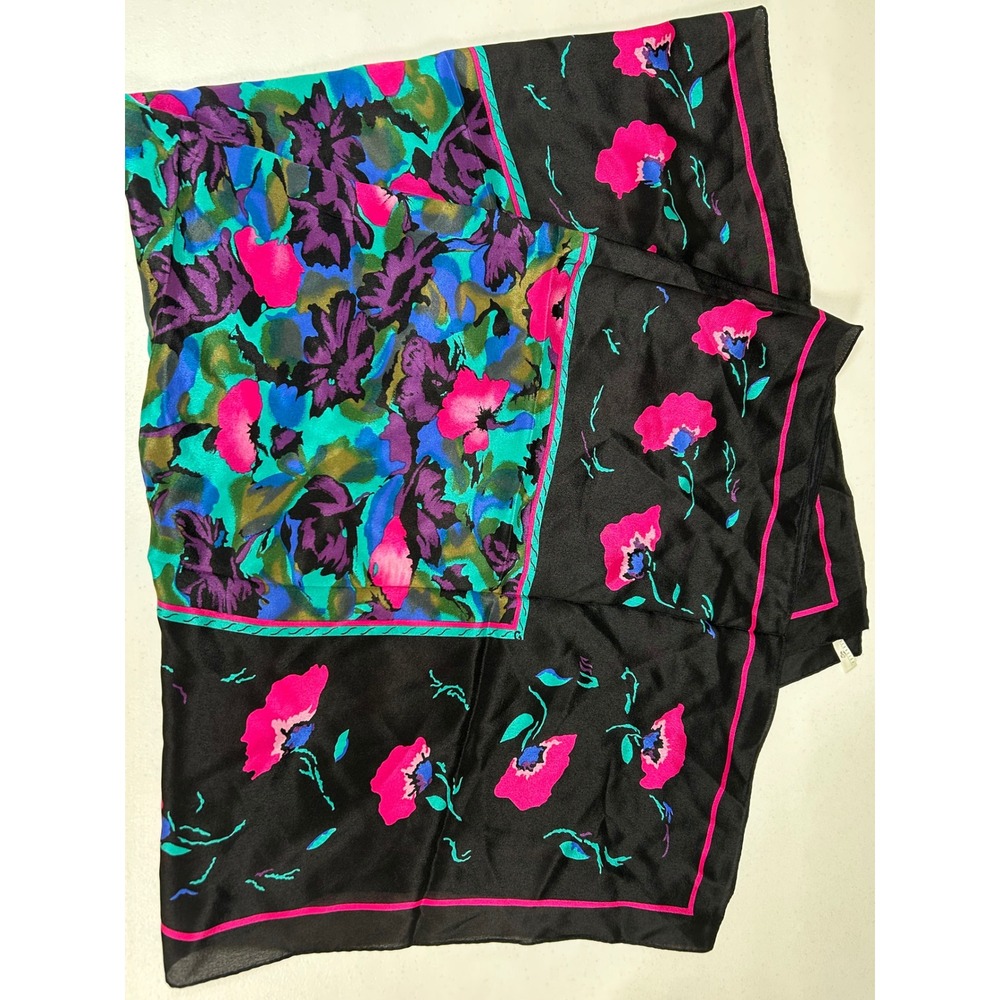 Vintage Georgiou Scarf Womens Black Floral Silk Square Lightweight Made In Japan